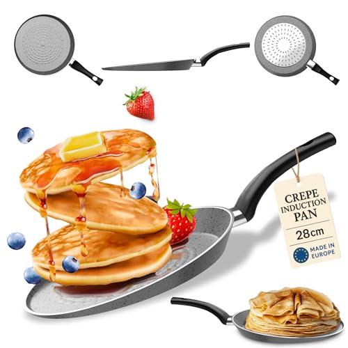 TEHORNEO Sarten Crepes, Sarten Crepes Induccion 28 cm, Crepera, Crepera Sartén, Sartén Tortitas, Comal para Tortillas 28 cm, Antiadherente Apto para Inducción, Vitorcerámica, Gas y Lavavajillas