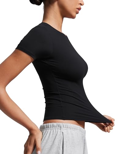 CRZ YOGA Softembrace Short Sleeve Going Out Tops for Women Soft High Crew Neck Casual Tight Shirts Fitted Basic T-Shirts3