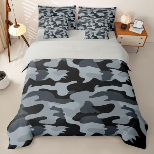 Loussiesd Juego de funda de edredón de 7 piezas, diseño de camuflaje, color gris, para niños y niñas, estilo militar, con funda de edredón, sábanas, fundas de almohada, fundas de cojín