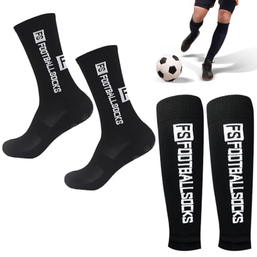 Image of Proberos Professional Football Socks & Shin Guard Sleeves Set, Rubber Anti-Slip Grip Pad Underlay Design, Breathable Absorb Sweat Soccer Sports Athletic Socks for Men and Women - Black