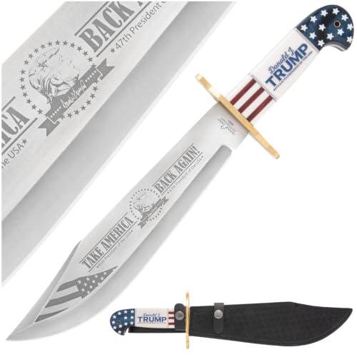 BUDK Trump Legacy Bowie Knife | 10 3/4 Inch 3Cr13 Stainless Full Tang Blade | Etched Patriotic Artwork | Red White Blue Handle | Brass Handguard | Black Embossed Sheath | 16 Inch Overall
