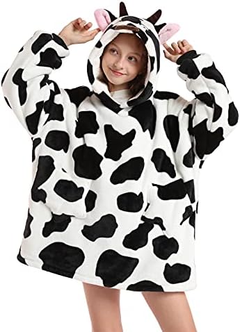 Wearable Blanket Hoodie for Kids Girls Boy 4-12YR Cute Animal Oversized Hooded Sweatshirt Super Soft Flannel with Pockets Cow