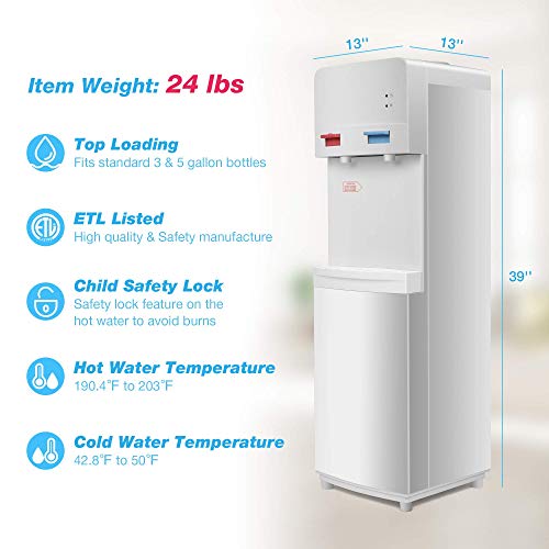 Luckyermore 5 Gallon Water Cooler Dispenser Top Loading Hot And Clod Water Dispenser Freestanding With Child Safety Lock, Removable Drip Tray, Etl Listed #TOP3