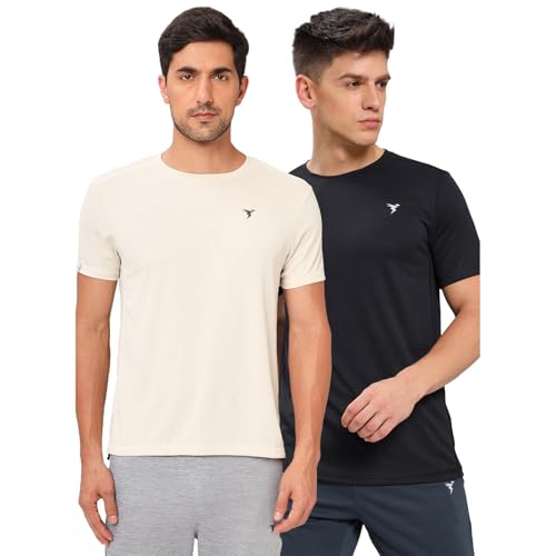 Image of TECHNOSPORT Men's 100% Polyester Slim Fit Solid Short Sleeve T-Shirt for Gym, Workout, Sports and Regular Use - Pack of 2