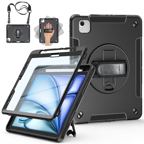 Miesherk Hülle für iPad Air 11 Zoll M4/M3/M2 2026/2025/2024: 3-Schichte robust stoßfest Case iPad Air 5/4 2022/2020-Displayschutzfolie-Stifthalter-Drehbarer Ständer-Handschlaufe-Schultergurt-Schwarz