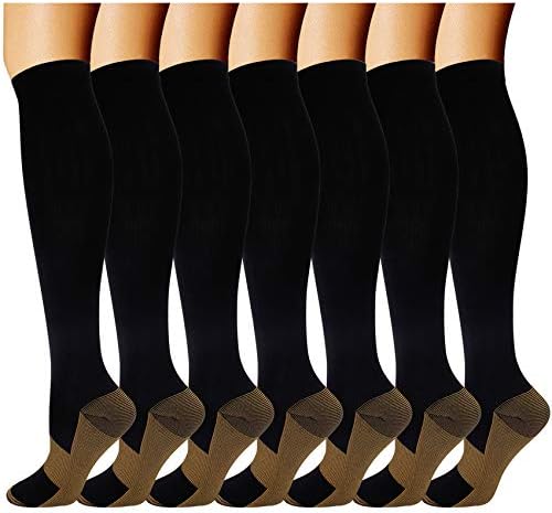 Double Couple 7 Pairs Copper Compression Socks for Men Women 20-30 mmHg Knee High Stockings