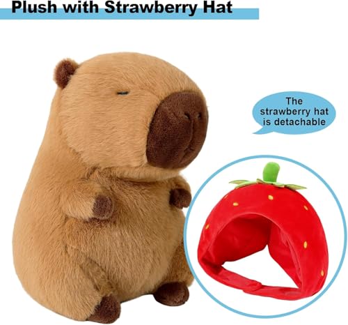 Capybara Kuscheltier, Capybara Plüschtier Con Abnehmbarer Erdbeerhut, Simulation Kawaii Stofftier Capybara, Kissen Spielzeug Wurfkissen Geschenk für Kinder Mädchen, Jungen, 3+ Jahre (33cm Erwachsener)