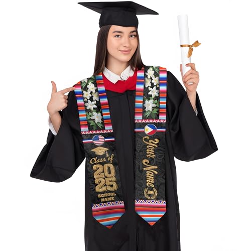 MonkeyVan Custom Filipino Graduation Sash 2025,Personalized Philippines Graduation Stole,Philippine-American Flag Graduation Sash S203