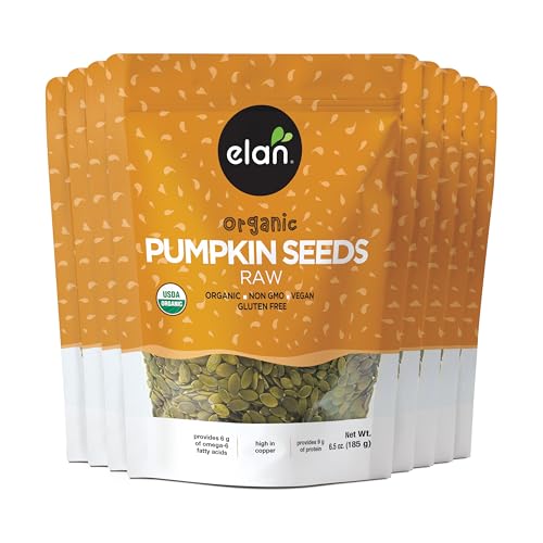 Elan Organic Pumpkin Seeds, Unsalted, Unroasted Shelled Kernels, No Shell, Non-GMO, Vegan, Gluten-Free, Kosher, Nutritious Seeds, 8 pack of 6.5 oz