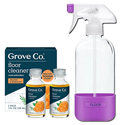 Grove Co. Floor Cleaner Refill Concentrate (2 X 1 Oz) + 1 X Durable Glass Spray Bottle (16 Oz) Plant-Based Cleaning Supplies Bundle, No Plastic Waste, 100% Natural Orange & Rosemary Scent #TOP6