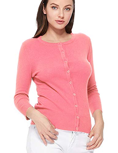 Image of Women's 3 /4 Sleeve Crew Neck Button Down Stretch Knit Cardigan Sweater (S-3XL)