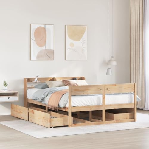 AJJHUUKI Camas y accesorios-Camas y marcos de cama-Marco de cama sin colchón, 150 x 200 cm, tamaño King, madera maciza de pino