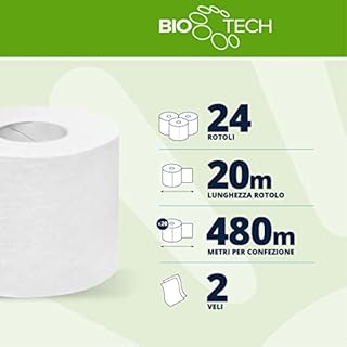 Papernet Bio Tech - Carta Igienica, 1 Confezione da 24 Rotoli in Pura Cellulosa da 19,8 m Ciascuno, Combatte Naturalmente i Batteri Patogeni, 2 Veli, 180 Strappi da 9,5x11cm