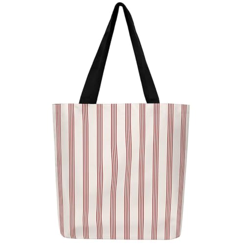 Castle Fairy Vertical Striped Canvas Tote Bag Aesthetic for Women Teens,Red White Reusable Grocery Handbag,Abstract Geometric Stripes Shopping Canvas Bags,Farmhouse,19.7" Wx15.7 L