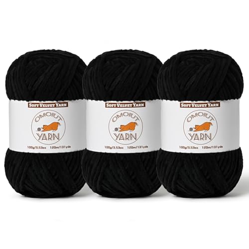 Image of 3 Pack Black Fluffy Velvet Yarn for Crocheting, Chunky Chenille Baby Blanket Yarn for Crochet, Soft Fuzzy Puzzle Yarn for Knitting, (100g /3.53oz Each) Bulky Thick Amigurumi Crochet Yarns