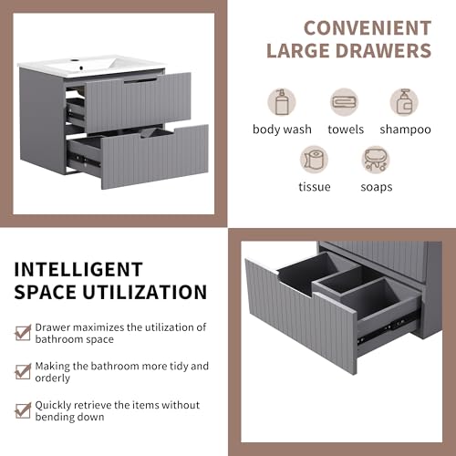 Sybrioka 24 Inch Floating Bathroom Vanity with Ceramic Sink, Modern Bath Storage Cabinet Vanity with Drawers Wall Mounted Combo Set for Bathroom, Gray - Thumbnail 5