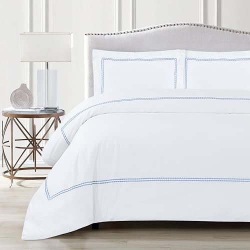 Dreamology White Duvet Cover Luxury Hotel Quality Bedding Set 100% Cotton Embroidered Duvet Covers with 2 Pillow Shams Hypoallergenic Zipper Closure 3 Pieces Duvet Set (Sky Blue, King)