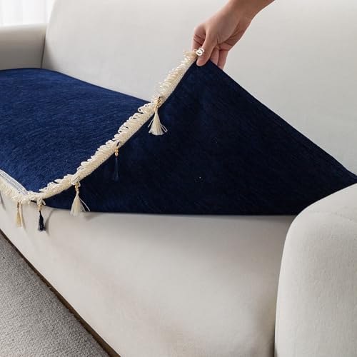 Image of HOKIPO 'Serenity Tassel' Chenille 2 Seater Sofa Cover with Tassel - Sapphire Navy (IN-891-NBL)