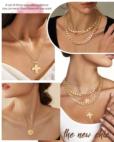 MJartoria Gold Layered Necklaces for Women Trendy Retro Coin and Cross Pendant Necklace Dainty Chunky Chain Necklaces for Jewelry Birthday Gifts3