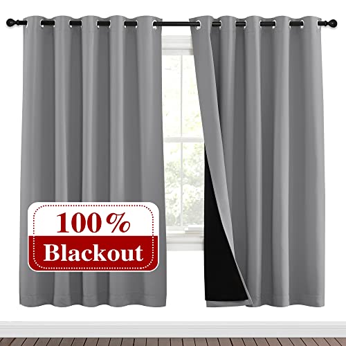 NICETOWN Full Shade Curtain Panels, Pair of Energy Smart & Noise Blocking Out Blackout Drapes for Dining Room Window, Thermal Insulated Guest Room Lined Window Dressing(Silver Grey, 70 x 72