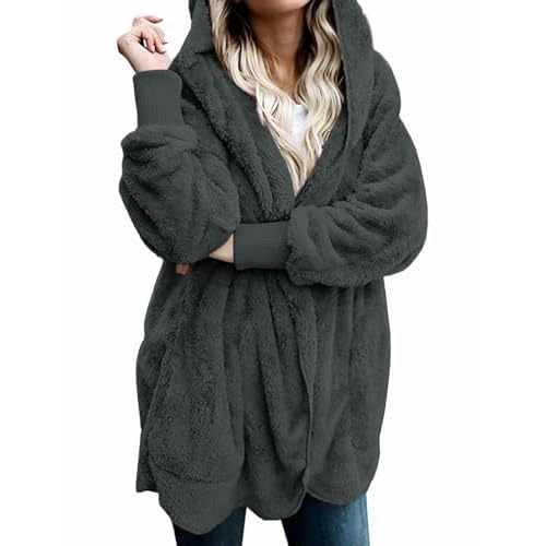Zilcremo Women Hooded Cardigan Fuzzy Jacket Winter Open Front Fleece Coat Outwear with Pockets Small Darkgrey