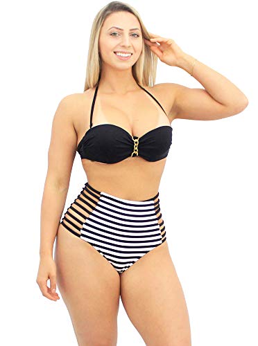 Biquini Listrado Hot Tiras Tomara que Caia Bikini Preto Estampado Verão Praia Piscina (gg)