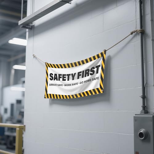 YIKIADA 2 Pack Safety First Banners Arrive Work Go Home Safe Sign with Grommets 4 × 2 Feet Fabric Polyester Fade Resistant Caution Warning Signage for Workplace Warehouse Factory