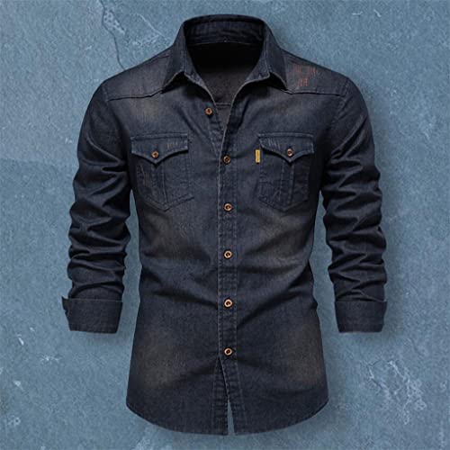 Men's Solid Color Long-Sleeved Denim Shirt Simple Lapel Workwear Top Jacket3