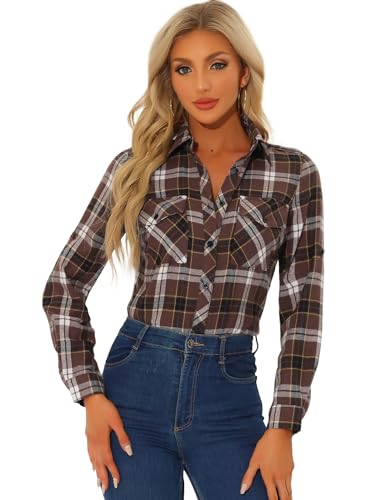 Allegra K Women's Roll Up Long Sleeve Christmas Button Down Plaid Flannel Shirt Top