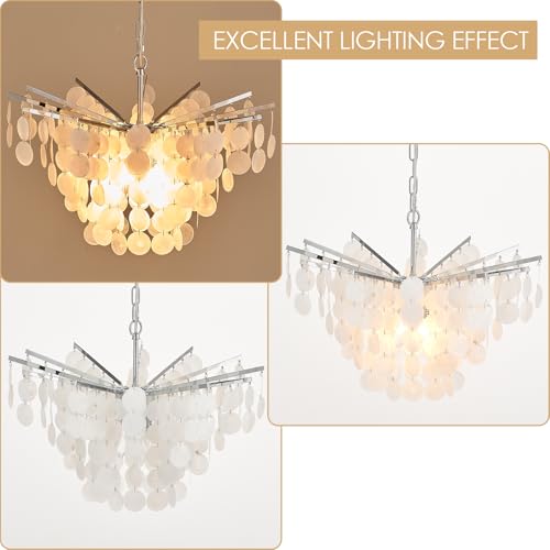 VANZARLA Capiz Shell Chandelier for Bedroom, Modern Coastal Dining Room Light Fixture, Farmhouse Pendant Light for Entryway Kitchen Living Room, Chrome Finish - Image 4