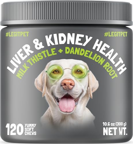 Liver & Kidney Support for Dogs Detox Natural Supplement with Milk Thistle Dandelion Root Turmeric Curcumin Hepatic Support Treats for Canine Liver Function, Immunity & Digestion 120 Soft Chews