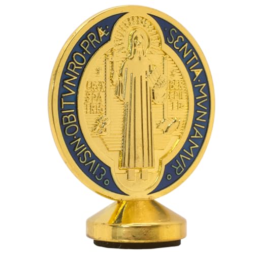 Estatua de San Benito con medalla dorada y esmalte azul y rojo miniatura 1