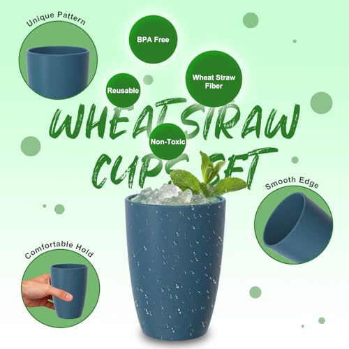Image of Plastic Drinking Cups Set of 6, 16 OZ Wheat Straw Cups, Dark Blue | Reusable and Lightweight Plastic Tumblers for Daily Use & Outdoor