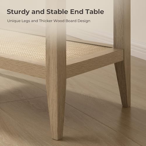 SICOTAS Rattan Nightstands Set of 2 - Boho Shelf Bedside Tables Narrow End Table Living Room Set of 2 Side Table with Rattan Storage Shelves for Small Space - Light Oak by SICOTAS - Image 3