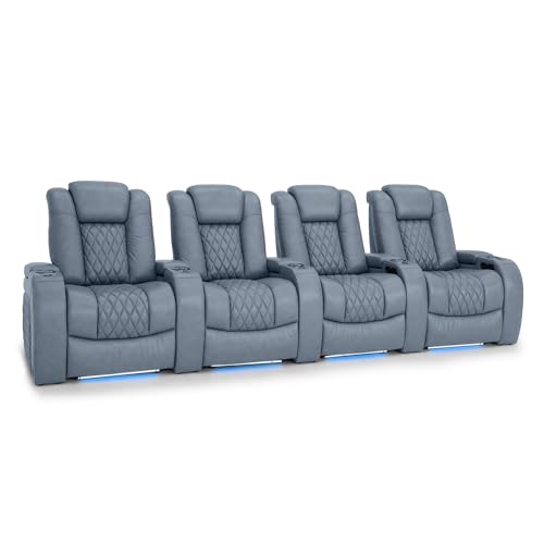 Image of Seatcraft Diamante Smokey Blue Italian Leather Home Theater Seating, Zero Gravity Power Recliner, Gaming and Home Office Chair, Powered Headrest Furniture for Family Cinema Room, Row of 4