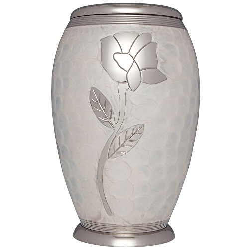 White Rose Funeral Urn By Liliane - Cremation Urn For Human Ashes - Adult Size - Hand Made In Brass - Display Urn At Home Or In Niche At Columbarium - Talia Model (Enamel With Silver Flower) #TOP19