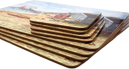Set of 8 Vintage Chic Beach Hut Coastal Scene Dinner Place Mats and Coasters