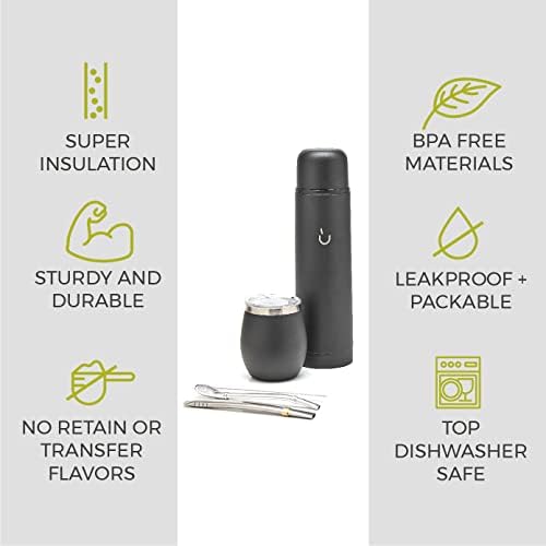 BALIBETOV Complete Yerba Mate Set - Modern Mate Gourd, Thermos, Bombilla and Cleaning Brush Included - All Premium Quality 304 18/8 Stainless Steel (Full Black)