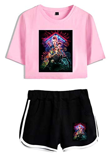 HUASON Stranger Things Abbigliamento Sportivo Nuova Stagione T-Shirt + Pantaloncini Set Estate Tuta Crop Top e Shorts per Ragazze e Donne (L)