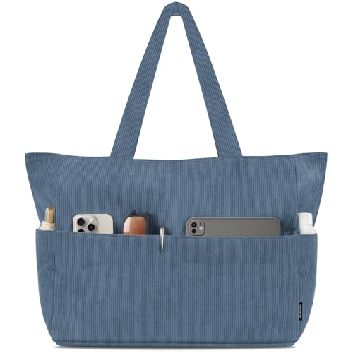 HOMESPON Large Corduroy Tote Bag for Women Everyday Shoulder Bag with Pockets and Zipper for Work Travel Vacation