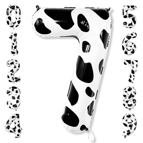 Cow Print Number 7 Balloon 40in, Black White Foil for Lucky 7th Farm Party
