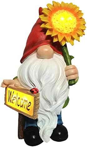 BUMSUNE Garden Gnomes Statue Solar Sunflower Garden gnome Decoration Hand held Sunflower LED Light and Welcome Sign for Garden Lawn Porch Balcony Garden Gifts for Christmas Thanksgiving