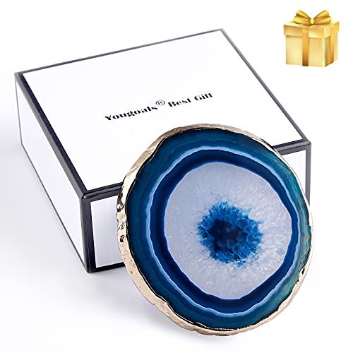 Agate Coasters Blue, Brazilian Geode Coasters for Drinks with Gold Rim(4"-3.5"),Natural Gem Stone Coasters Blue,Gemstone Cup Mat for Home Decor by Yougoals(1PK)