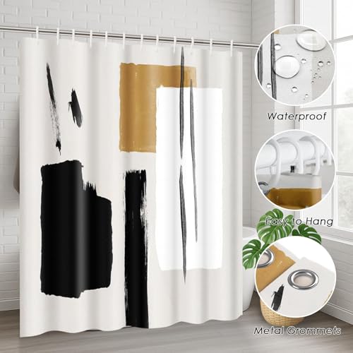 Tayney Boho Mid Century Shower Curtain Set with Toilet Lid Cover and Non-Slip Rugs, Abstract Line Art 4 Pcs Shower Curtain, Modern Minimalist Geometric Bathroom Set Decor with 12 Hooks by Tayney - Image 6