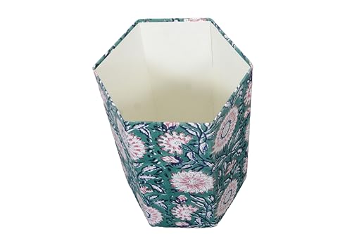 Image of 3.3 Gallon Cotton Hand Block Printed Paper Waste Basket |Small Decorative Trash Can for Housewarming Gifts in Living Room, Bedroom, Bathroom | Eco-Friendly, Plastic-Free (1, Green Pink FLOWAR)