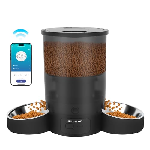 Automatic Cat Feeder for 2 Cats, SURDY 2.4G/5G WiFi Smart Pet Feeder with APP Control for Remote Feeding, 3L Timed Pet Feeder Programmable 1-10 Meals, Dual Power Supply, Desiccant Bag, 10s Meal Call