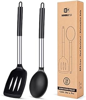 Pack of 2 Large Silicone Slotted Spatula, Non Stick Solid Spoon, High Heat Resistant BPA Free Cooking Utensils, Ideal Kitchen Cookware for Frying, Turning, Mixing, Serving, Draining, Stirring