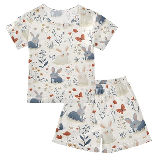 ALAZA Bunny Rabbit Flower Blossom Leaf Pajamas Set Short Sleeve Cotton Sleepwear Summer Pjs 2 Piece 5-14Y