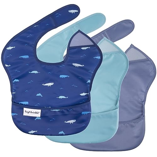 Image of Tiny Twinkle Mess-Proof Baby Bibs for Eating | Waterproof, Wipeable Toddler Bibs with Catch-All Pocket | Feeding Bibs for Girls & Boys(3 Pack,Ocean Life Set)