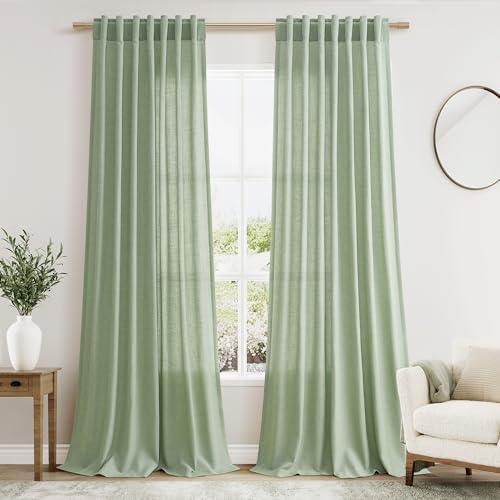 Image of Nanspring Mist Sage Linen Curtains 102 Inches Long Rod Pocket Back Tab Drapes 2 Panels Set for Living Room Bedroom Light Filtering Semi Sheer Mist Sage Curtain 102 Length for Patio Door 52x102